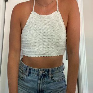 Women's White Knit Cropped Halter Top
